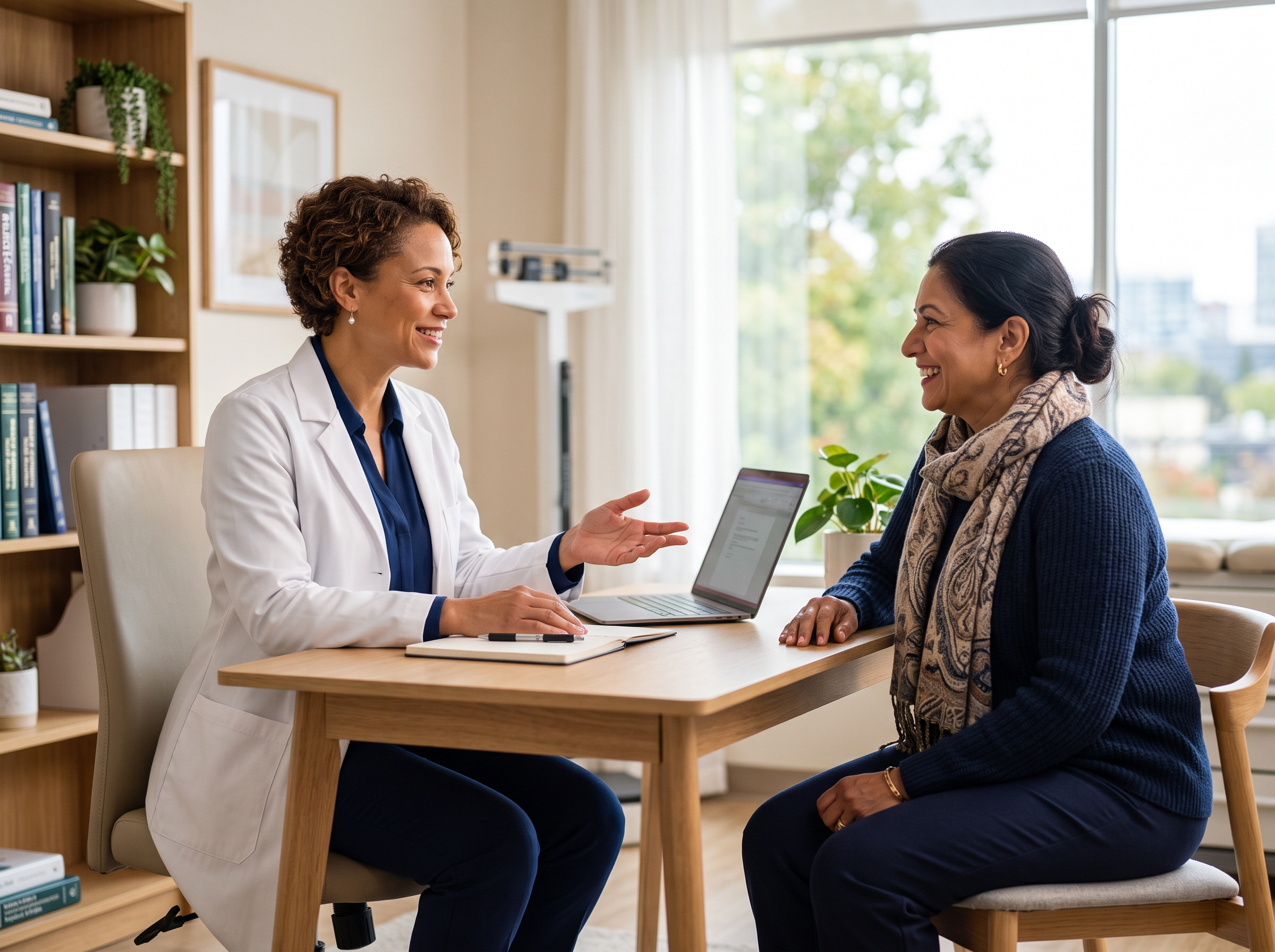 Weight Loss Clinical Study Consultation Physician discussing a weight-loss research study with an adult patient at Clinical Research of West Florida