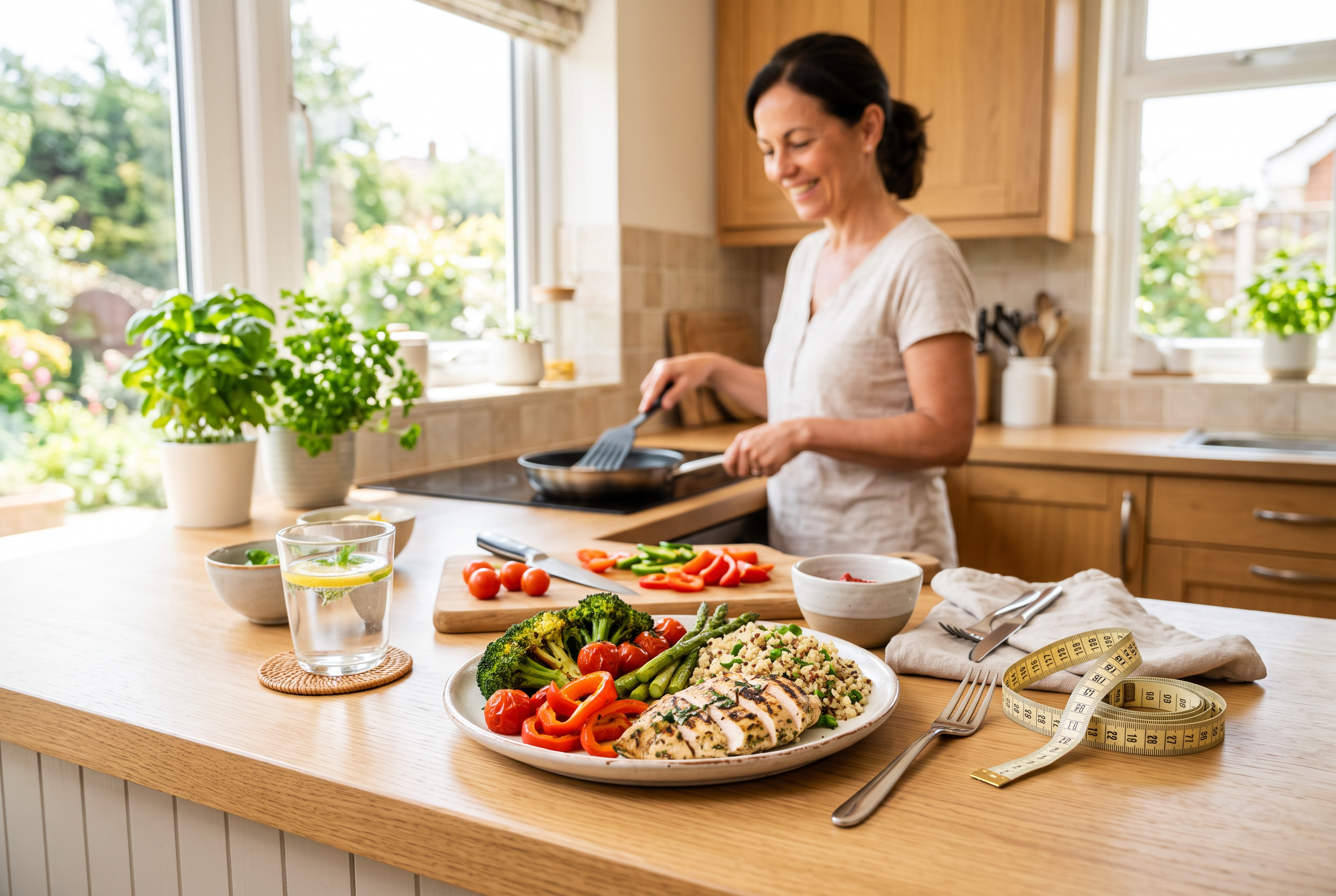 Healthy Weight Management Lifestyle Adult preparing a fresh balanced meal as part of a healthy weight-management routine